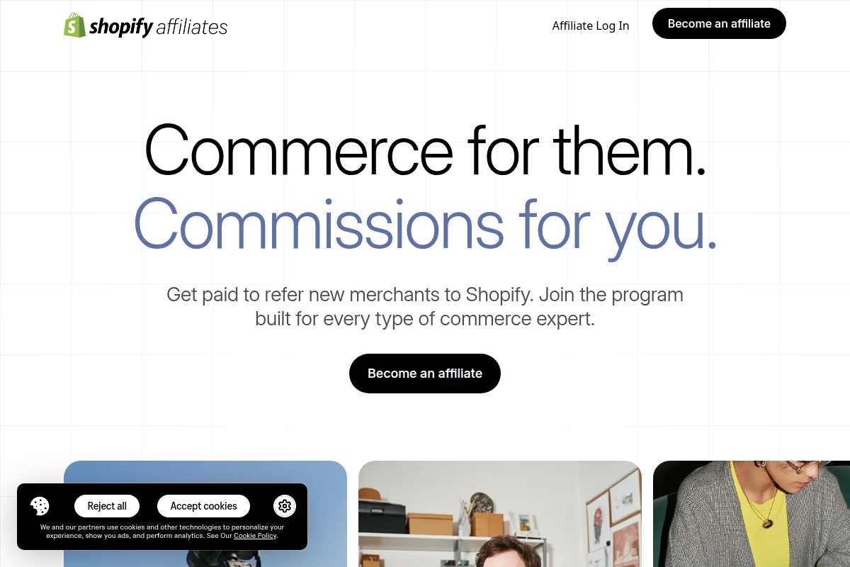 Capture du programme Shopify Affiliates montrant une offre d affiliation e-commerce pour recommander des marchands