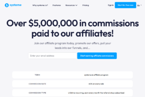 Capture du programme d affiliation Systeme.io affichant des commissions récurrentes pour comparer les programmes rentables