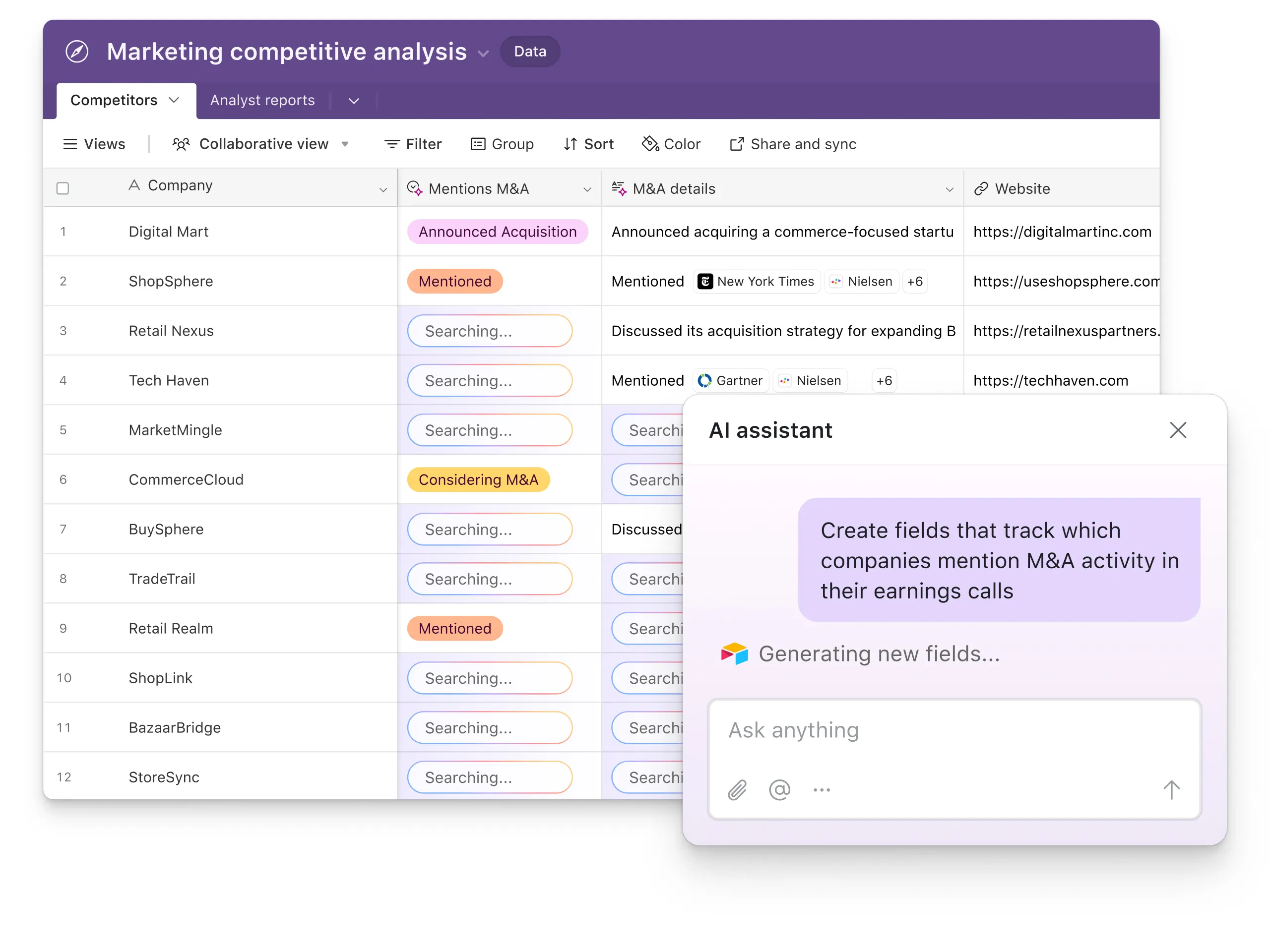 Base Airtable avec assistant IA pour structurer un CRM et des données métier
