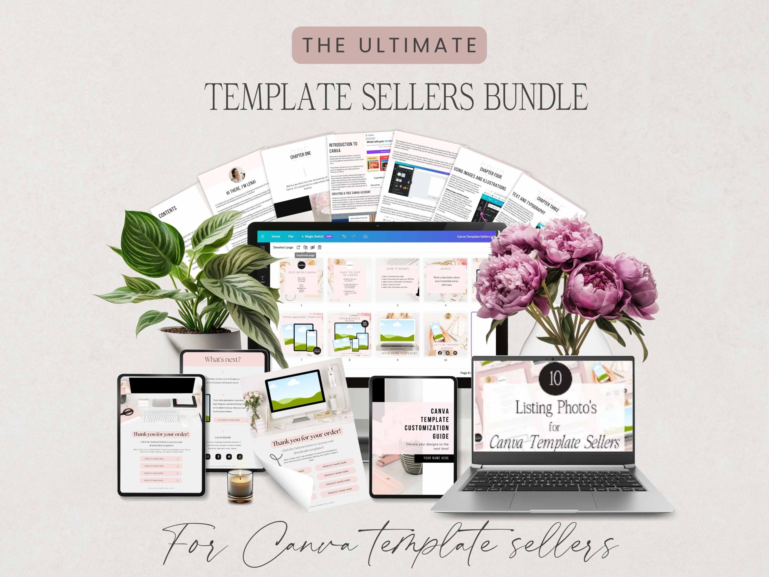 Visuel réaliste de bundle pour vendeurs de templates Canva avec ordinateur et pages de modèles