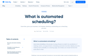 Page Calendly expliquant la planification automatisée de rendez-vous