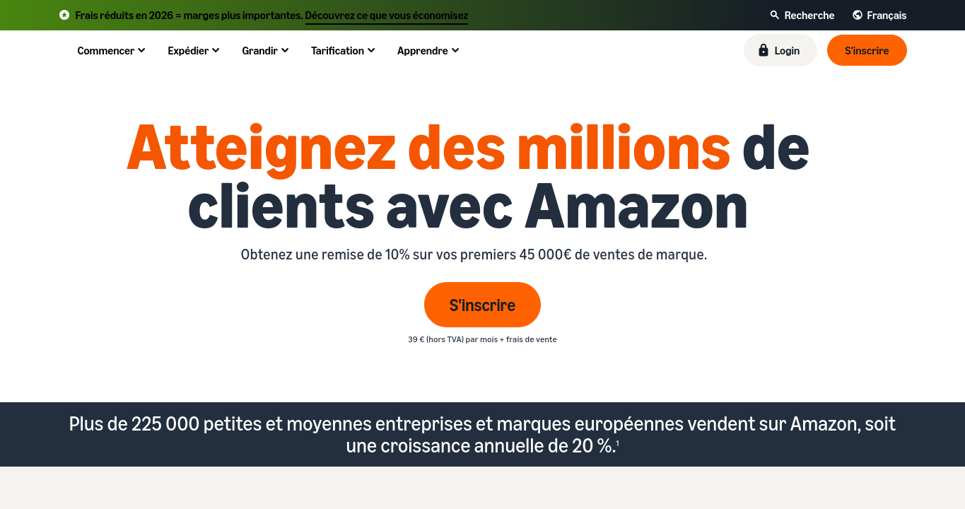 Capture Amazon vendre montrant l inscription vendeur et l accès à des clients Amazon pour une activité e-commerce