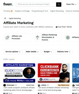 Capture Fiverr Affiliate Marketing montrant des services et funnels d affiliation pour comprendre les compétences vendables en ligne sans budget initial