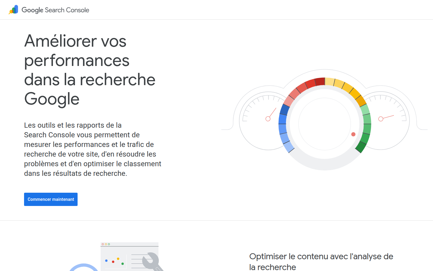 Page officielle Google Search Console pour diagnostiquer les performances SEO