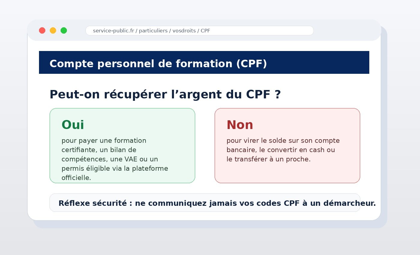 Règle CPF en 2026 : oui pour une formation éligible, non pour un virement bancaire, du cash ou un transfert à un proche