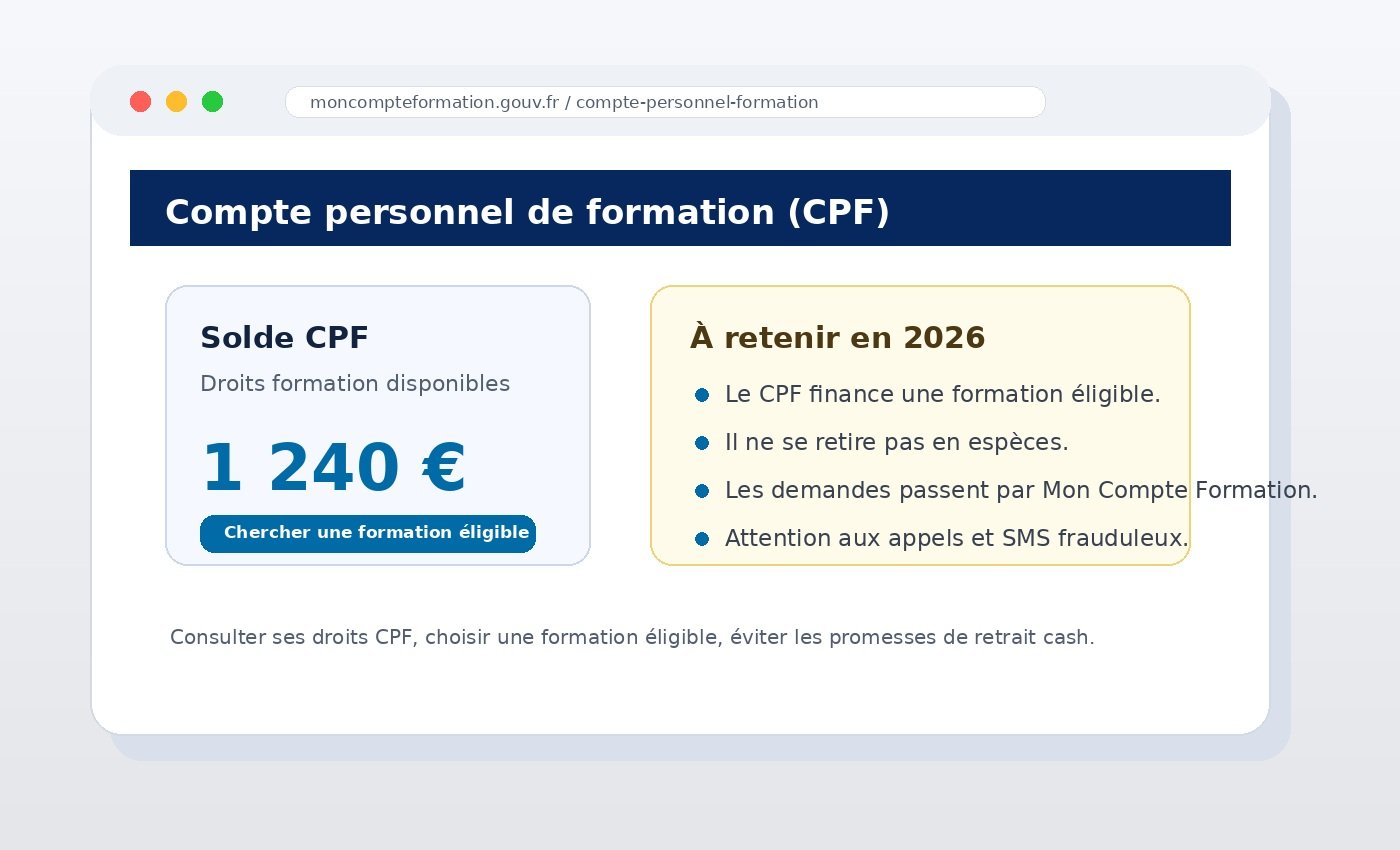 Tableau CPF avec solde formation, bouton formation éligible, règle sans retrait cash et alerte fraude
