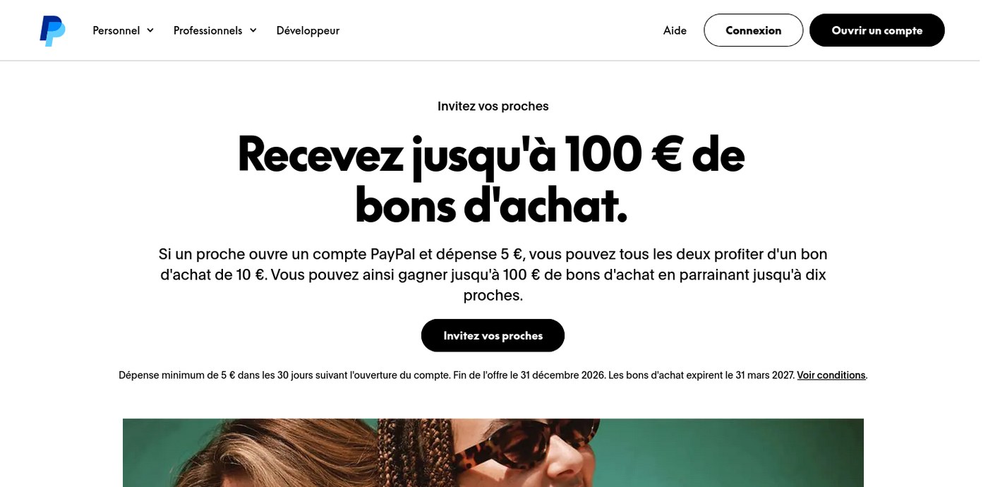 Capture PayPal France montrant une offre de parrainage avec bons achat et conditions 2026