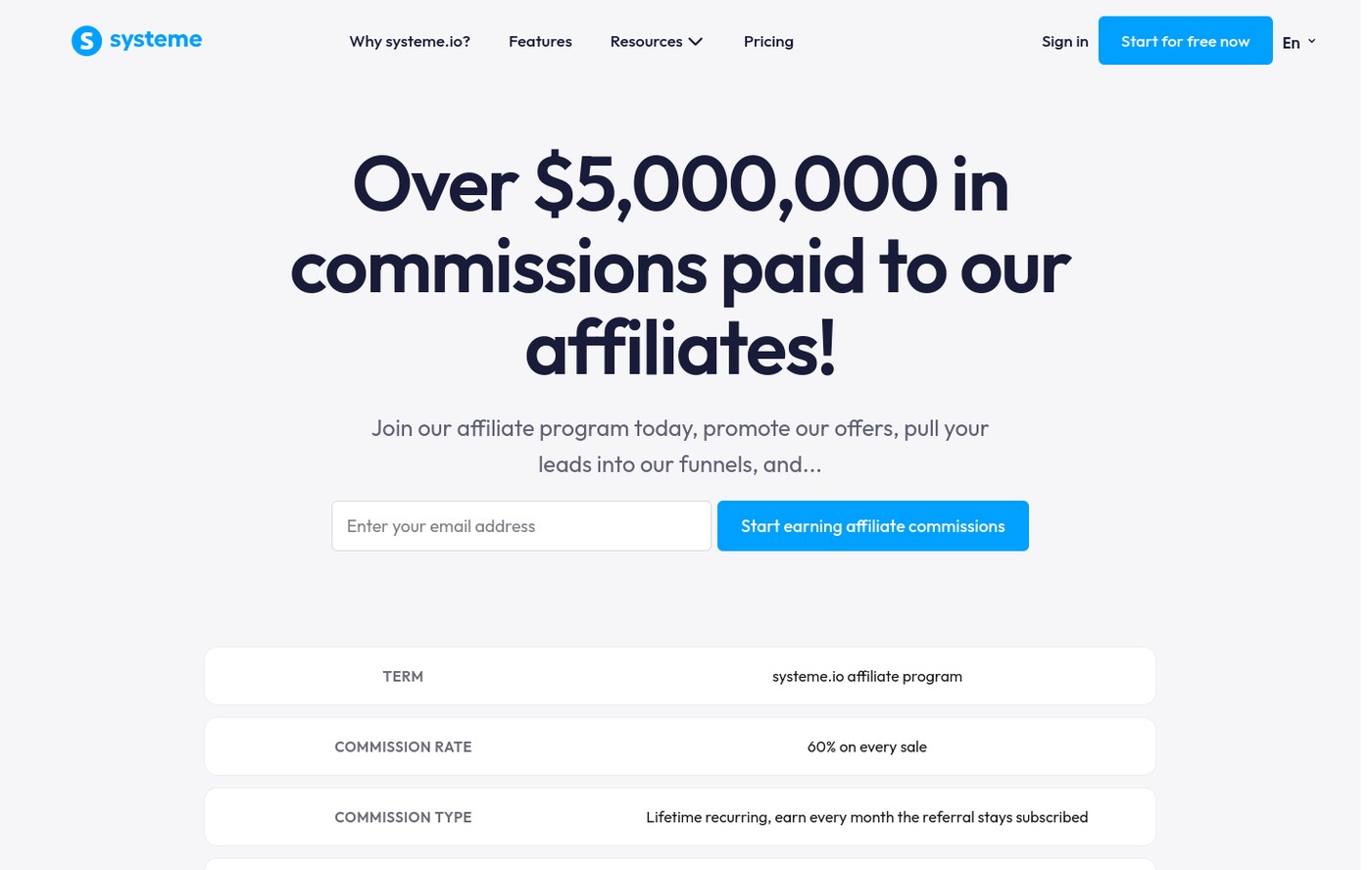 Capture Systeme io montrant un programme affilié avec commissions récurrentes pour comparer parrainage et affiliation