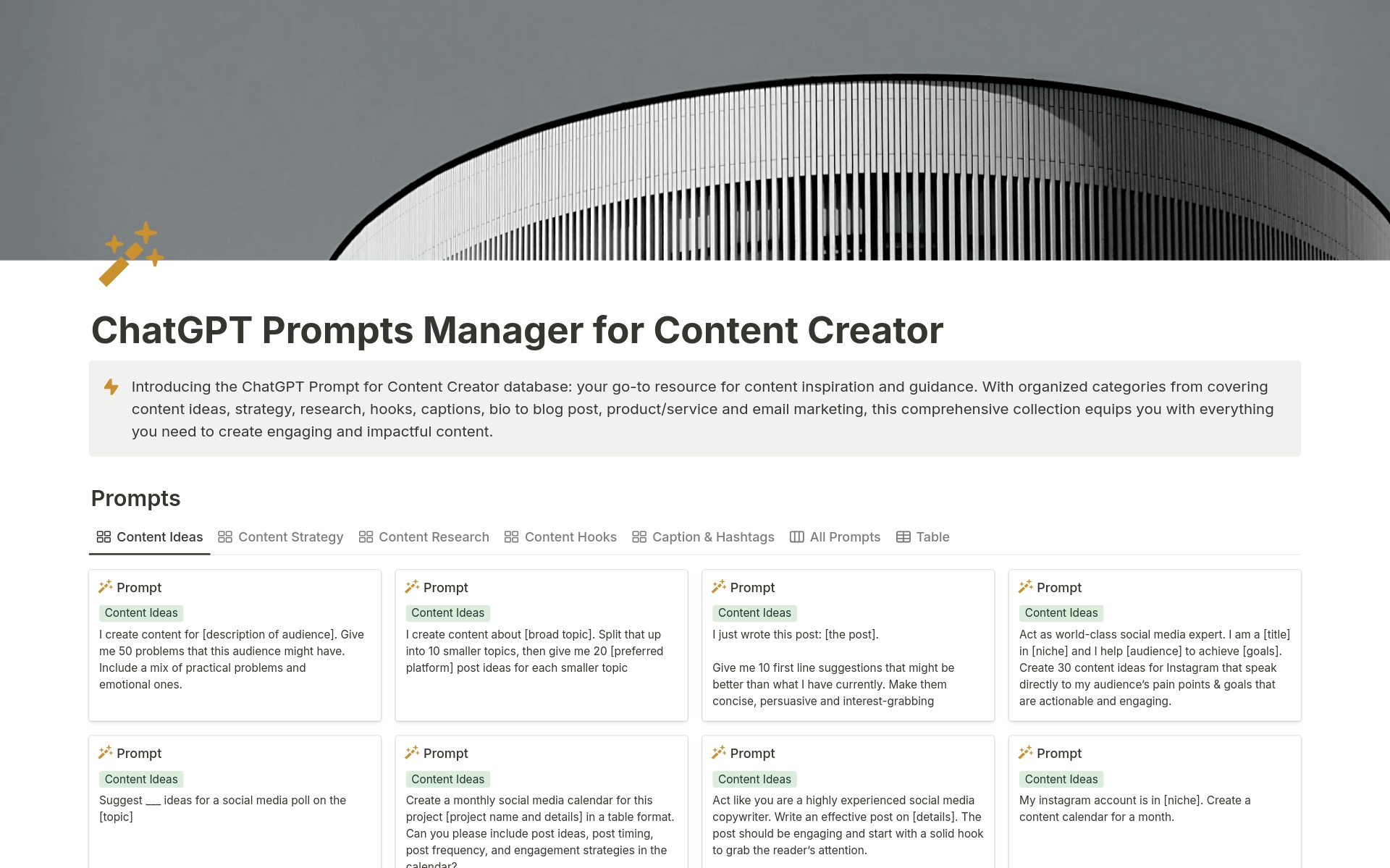 Tableau Notion de gestion de prompts ChatGPT pour créateur de contenu