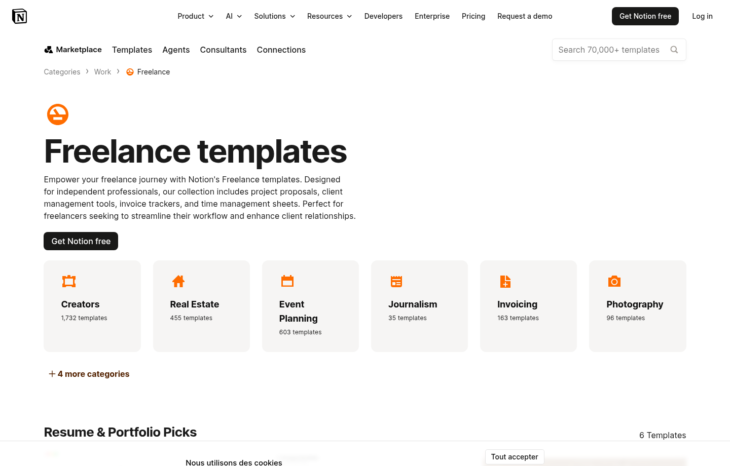 Catégorie de templates Notion freelance pour identifier les cas d’usage vendables