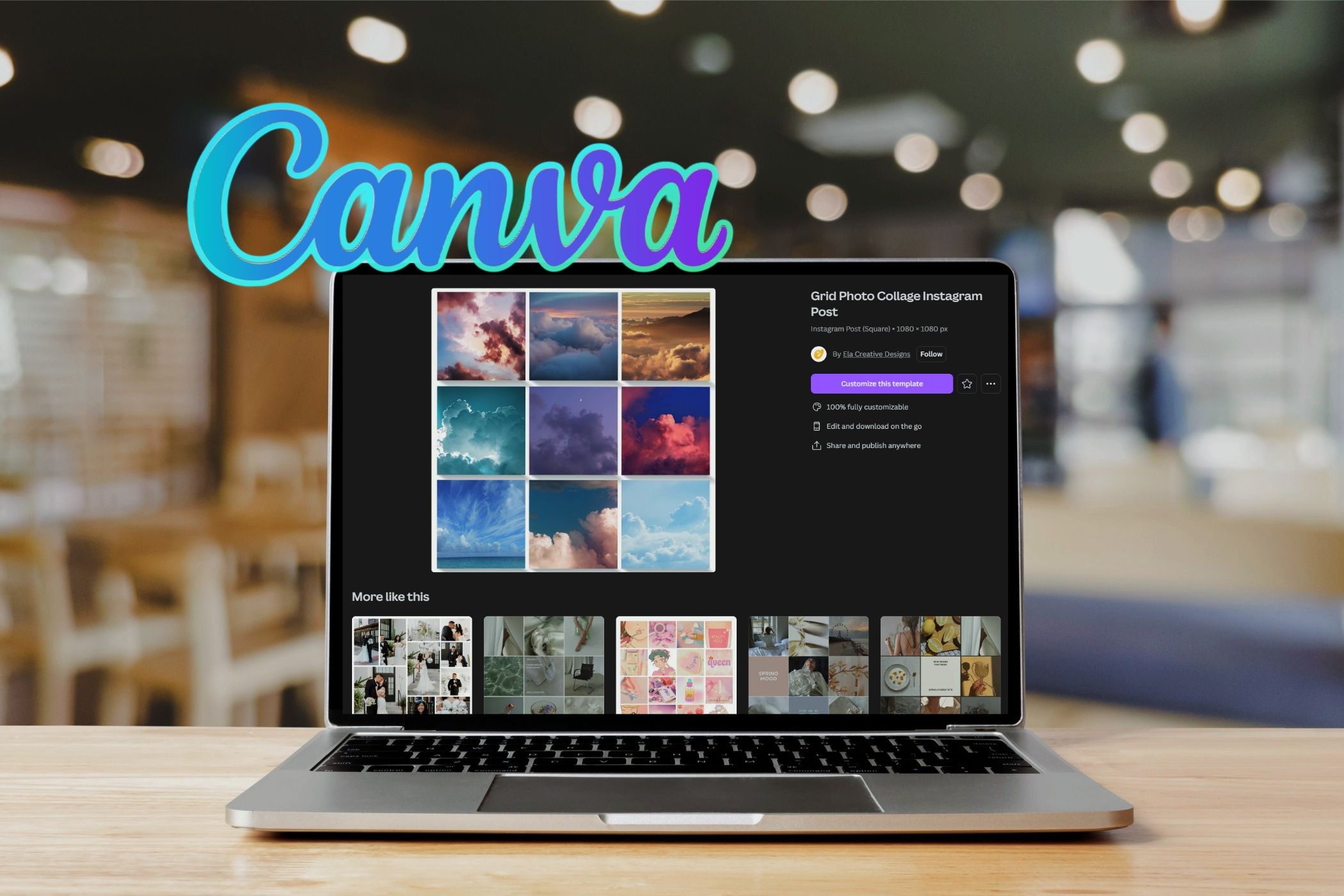 Photo réaliste d un ordinateur affichant une page Canva de templates personnalisables
