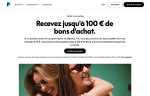 Page officielle PayPal indiquant les bons d achat et conditions de parrainage 2026