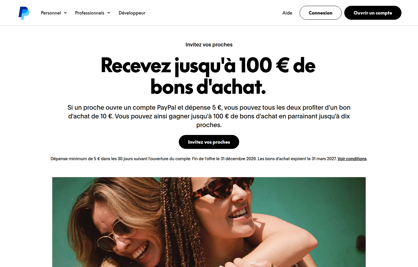 Page officielle PayPal indiquant les bons d achat et conditions de parrainage 2026