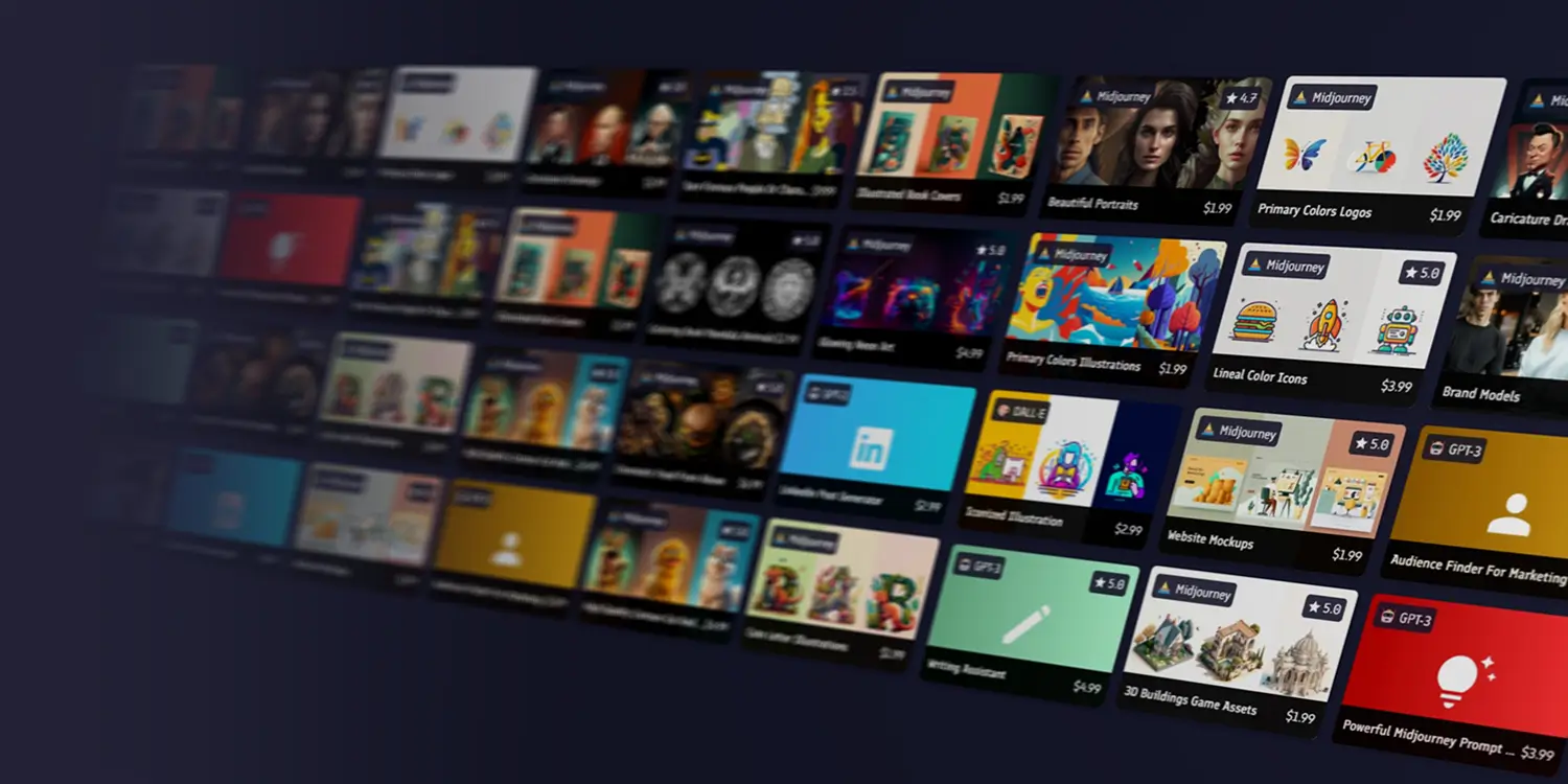 Marketplace PromptBase avec de nombreux produits de prompts IA