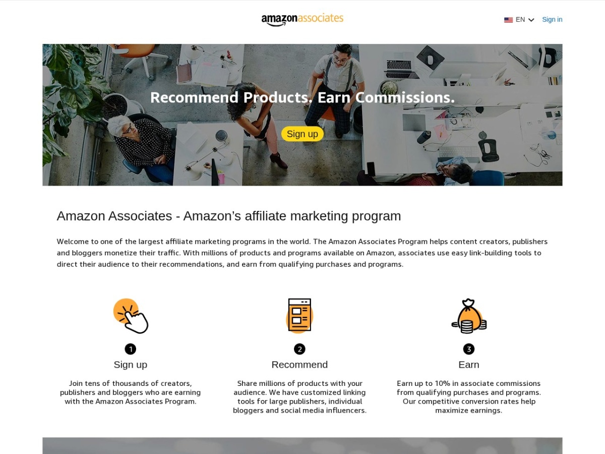 Capture Amazon Associates montrant un programme d affiliation pour recommander des produits et gagner des commissions