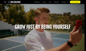 Page officielle Snapchat For Creators avec navigation Grow et Monetize pour comprendre la croissance et la monétisation des créateurs Snapchat