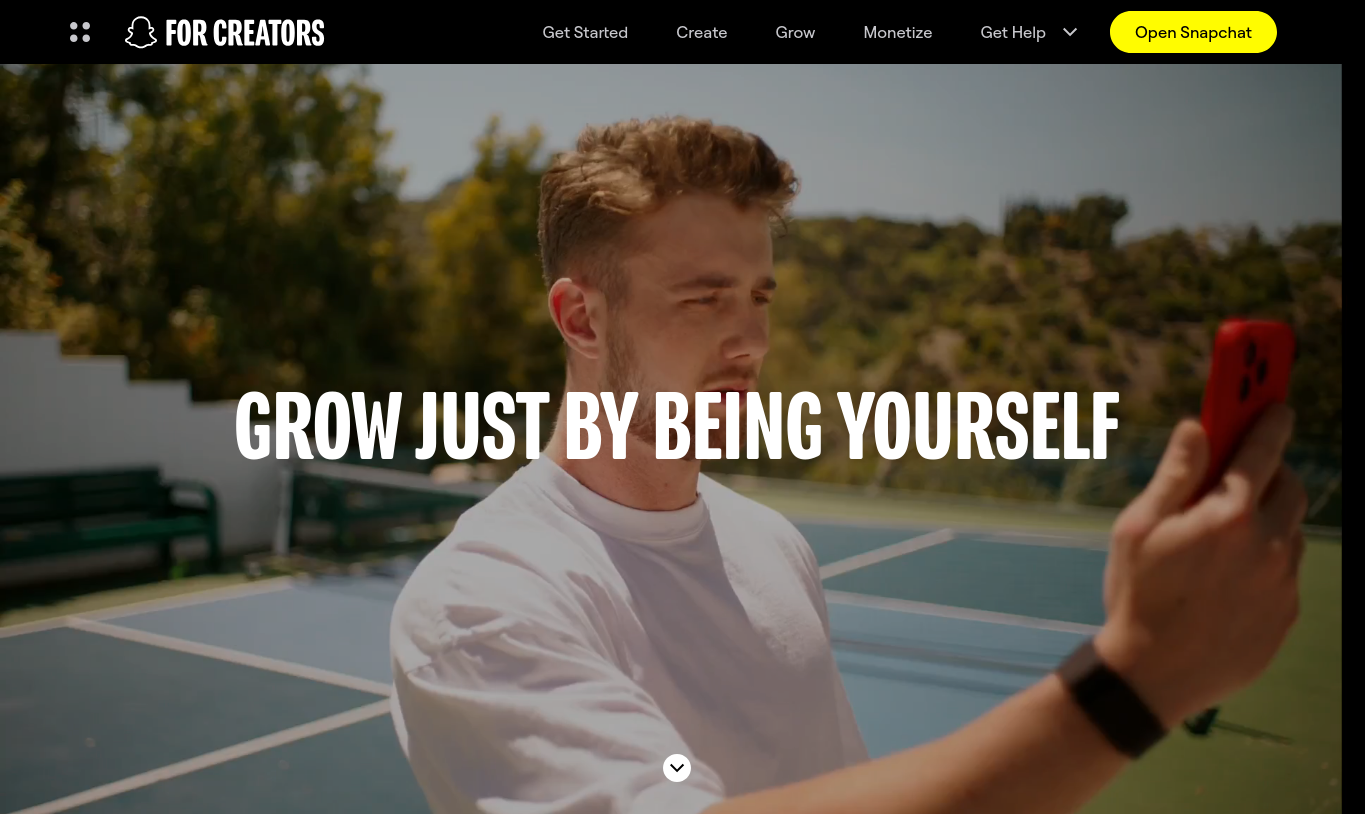 Page officielle Snapchat For Creators avec navigation Grow et Monetize pour comprendre la croissance et la monétisation des créateurs Snapchat