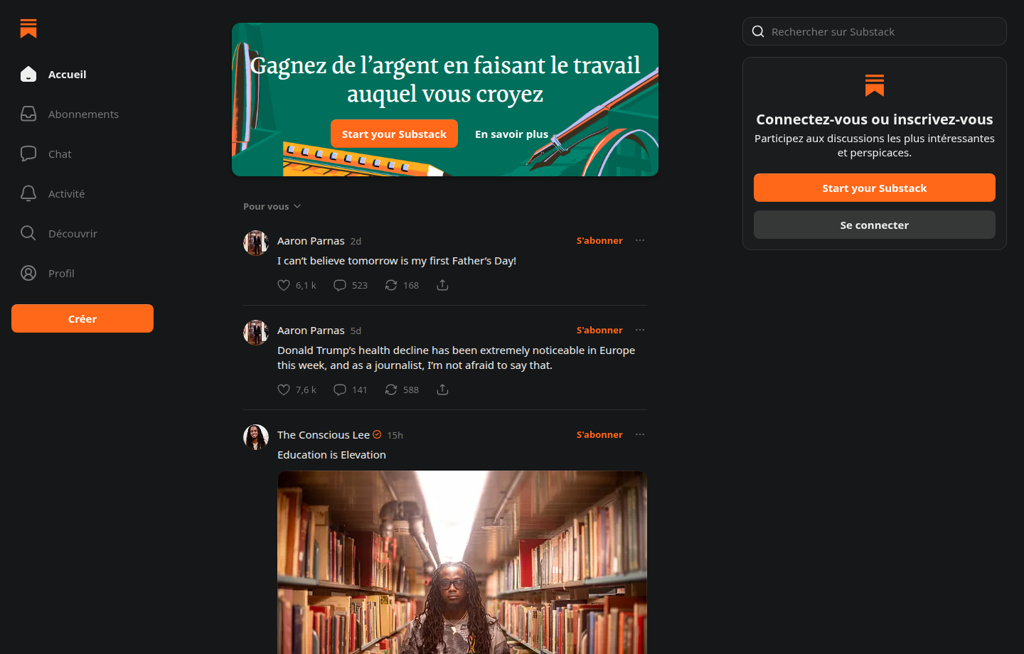 Interface publique Substack pour lancer une newsletter payante avec abonnement