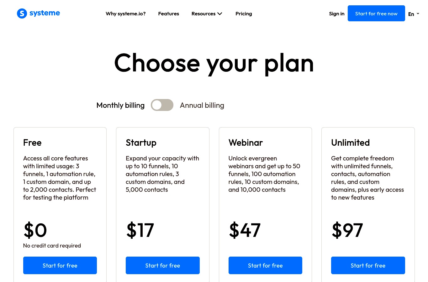 Capture Systeme.io montrant le plan gratuit à 0 dollar pour créer un tunnel et tester un revenu en ligne sans budget