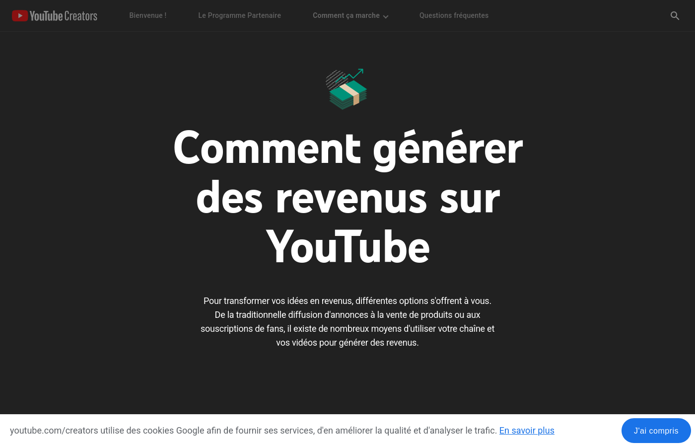 Page officielle YouTube Creators comment générer des revenus sur YouTube